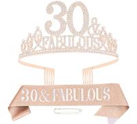 KIUEZIR Rose Gold 30th Birthday Tiara and Sash Set - Luxury Rhinestone & Alloy 30&Fabulous Crown with Comb & Glitter Sash, Women's Party Accessories for 30th Birthday Celebrations