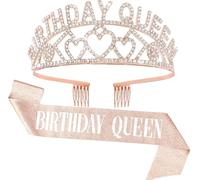 KIUEZIR Rose Gold Birthday Queen Crown and Sash Set - Rhinestone Encrusted Tiara with Heart Cutout & Glitter Sash, Durable Alloy Party Headpiece for Women Birthday & Anniversary Decorations