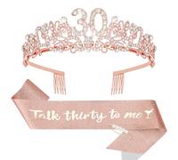KIUEZIR Rose Gold Birthday Tiara and Sash Set - Elegant Floral Rhinestone & Alloy 30th Crown Headband with Comb & Soft Glitter Fabric Sash, Women's Party Hair Accessories for 30th Birthday