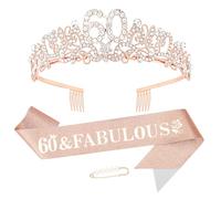 KIUEZIR Rose Gold Birthday Tiara and Sash Set - Elegant Floral Rhinestone & Alloy 60th Crown Headband with Comb & Soft Glitter Fabric Sash, Women's Party Hair Accessories for 60th Birthday