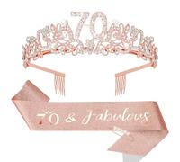KIUEZIR Rose Gold Birthday Tiara and Sash Set - Elegant Floral Rhinestone & Alloy 70th Crown Headband with Comb & Soft Glitter Fabric Sash, Women's Party Hair Accessories for 70th Birthday