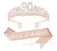 KIUEZIR Rose Gold Birthday Tiara and Sash Set - Elegant Floral Rhinestone & Alloy 90th Crown Headband with Comb & Soft Glitter Fabric Sash, Women's Party Hair Accessories for 90th Birthday