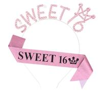 KIUEZIR Sweet 16th Birthday Headband and Sash Set, Pink Rhinestone & Durable Alloy Material Crown Tiara with Glitter Sweet 16 Sash, Ideal for 16th Birthday Party Decorations and Accessories