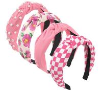 KIUEZIR Top Knot Wide Headbands for Women - 4 Various Styles Designs, Floral & Pearl Hair Hoops with Comfortable & Stretchable Fabric, Pink & White Hair Accessories for Party, Date or Everyday Styling