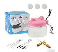 Kiuiom Airbrush Cleaning Pot with Holder, Professional Air Brush Spray Gun Cleaning Container, Airbrush Complete Cleaning Set, 5 Cleaning Brushes, 5 Cleaning Needles, 1 Cleaning Scraper, Pink
