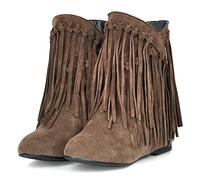 KiutSymo Womens Ankle Fringe Boots Round Toe Wide Calf Flat Tassel Boots Casual Hidden Wedge Heels Ankle Boots for Winter, Yellow, 3 UK