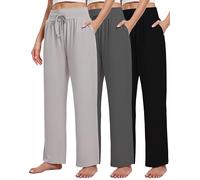 Kivdol 3 Pack Women's Lounge Pants Wide Leg Yoga Sweatpants with Pockets High Waisted Drawstring Lounge Loose Workout Jogger, Black/Grey/Light Gray, Large