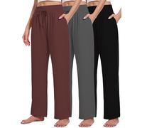 Kivdol 3 Pack Women's Lounge Pants Wide Leg Yoga Sweatpants with Pockets High Waisted Drawstring Lounge Loose Workout Jogger, Black/Grey/Coffee, Large
