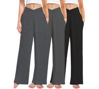 Kivdol 3 Pack Women's Wide Leg Pants Crossover with Pockets High Waist Loose Sweatpants Casual Lounge Yoga Workout Palazzo, Black/Grey/Heather Grey, Large