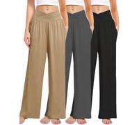 Kivdol 3 Pack Women's Wide Leg Pants Crossover with Pockets High Waist Loose Sweatpants Casual Lounge Yoga Workout Palazzo, Black/Grey/Khaki, XXL