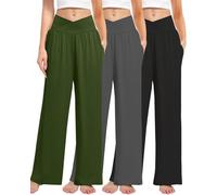 Kivdol 3 Pack Women's Wide Leg Pants Crossover with Pockets High Waist Loose Sweatpants Casual Lounge Yoga Workout Palazzo, Black/Grey/Military Green, Large