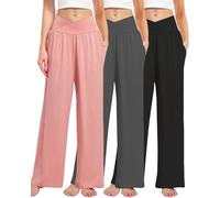 Kivdol 3 Pack Women's Wide Leg Pants Crossover with Pockets High Waist Loose Sweatpants Casual Lounge Yoga Workout Palazzo, Black/Grey/Pink, XL
