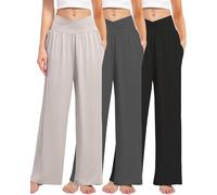 Kivdol 3 Pack Women's Wide Leg Pants Crossover with Pockets High Waist Loose Sweatpants Casual Lounge Yoga Workout Palazzo, Black/Grey/Light Gray, M