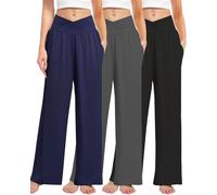 Kivdol 3 Pack Women's Wide Leg Pants Crossover with Pockets High Waist Loose Sweatpants Casual Lounge Yoga Workout Palazzo, Black/Grey/Dark Blue, XXL