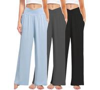 Kivdol 3 Pack Women's Wide Leg Pants Crossover with Pockets High Waist Loose Sweatpants Casual Lounge Yoga Workout Palazzo, Black/Grey/Light Blue, XL