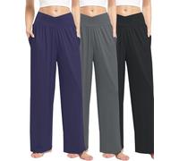Kivdol 3 Pack Womens Wide Leg Yoga Pants Crossover High Waisted Casual Loose Lounge Sweatpants with Pockets, Black/Grey/Dark Blue, Large