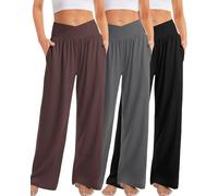 Kivdol 3 Pack Womens Wide Leg Yoga Pants Crossover High Waisted Casual Loose Lounge Sweatpants with Pockets, Black/Grey/Coffee, Large