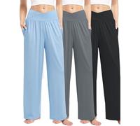 Kivdol 3 Pack Womens Wide Leg Yoga Pants Crossover High Waisted Casual Loose Lounge Sweatpants with Pockets, Black/Grey/Light Blue, XXL