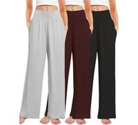 Kivdol 3PACK Women's Casual Loose Wide Leg Cozy Pants Yoga High Waisted Sweatpants Comfy Lounge Pants with Pants with Pockets, Black, Brown, Light Gray, M