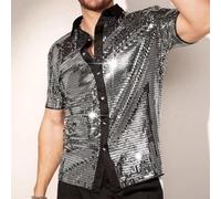 Kivivaka Men's 70s Disco Shirt Black Silver Stars Long Sleeve | Shiny silver stars, black fabric, long sleeves, wide lapel, button front closure