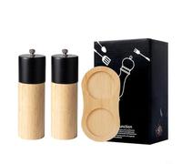 Kivivaka Oak Wooden Pepper Grinder - Manual Spice Mill For Fresh Black White Kitchen Decor, Refillable With Adjustable Coarseness(Black（2）+Base)