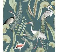Kivu Wallpaper Birds Tropical Floral Teal Green Natural