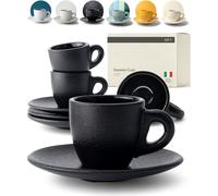 KIVY 3 oz Espresso Cup Set of 4 - Thick Walled Stoneware Espresso Cups & Saucers - Italian Style Demitasse Set