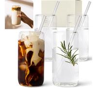 KIVY 4-Pack 450 ml Modern Transparent Borosilicate Glass Drinking Glasses Set with Glass Straw - Dishwasher Safe - Ideal for Iced Coffee, Water & Cocktails