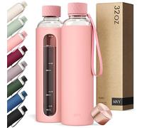 KIVY 950 ml Glass Water Bottle with Silicone Sleeve [with measurement] - Borosilicate Glass Water Bottle with Screw Cap - Transparent Bottles with Measurement Marking - Bottle