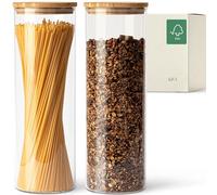 KIVY Airtight Storage Jars with Lids - 2 x 1.8L - For Spaghetti, Flour, Cereal Storage Glass - Pasta Jars with Lid - Large Spaghetti Storage Glass - Noodle Jars with Bamboo Lid