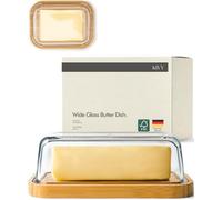 Kivy butter dish: High-quality glass butter dish with elegant and sustainable bamboo lid. Butter dish for 250 g pack of butter. Glass butter dish with lid.