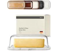 KIVY Butter Dish (White Marble & Glass) - For countertop and refrigerator door shelf - Marble butter keeper - Stone butter dish with lid - Dishwasher Safe