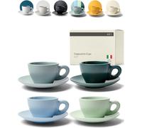 KIVY Cappuccino cups set of 4 [8oz] - Thick-walled stoneware cappuccino cup set for latte art - Cappuccino coffee cups - Tazas de cafe - Latte cups - Latte art cup and saucer set of 4 - Green, Blue