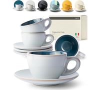 KIVY Cappuccino Cups Thick-Walled [4 x 180 ml] - Handmade Stoneware Cup - Coffee Cups with Saucers - Cappuccino Cups Grey Blue - Latte Coffee Cups Large - Cappuccino Cup with Saucer