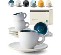 KIVY Espresso Cups Set [4 x 75 ml] - Handmade Thick-Walled Stoneware - Blue Beige Mocha Cups with Saucer