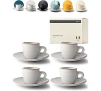 KIVY Espresso Cups Set [4 x 75 ml] - Handmade Thick-Walled Stoneware With Saucer - Beige Grey Mocha Cups - Italian Style