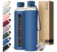 KIVY Glass Water Bottle with Silicone Sleeve 32 oz [WITH MEASUREMENT] - Borosilicate Glass Water Bottle Screw Top - Clear Bottles with Measurement Marking - Slim Waterbottle Aesthetic - Dark Blue