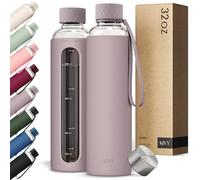 KIVY Glass Water Bottle with Silicone Sleeve 32 oz [WITH MEASUREMENT] - Borosilicate Glass Water Bottle Screw Top - Clear Bottles with Measurement Marking - Slim Waterbottle Aesthetic - Taupe