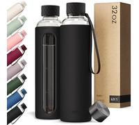 KIVY Glass Water Bottle with Silicone Sleeve 32 oz [WITH MEASUREMENT] - Borosilicate Glass Water Bottle Screw Top - Clear Bottles with Measurement Marking - Slim Waterbottle Aesthetic - Black bottle