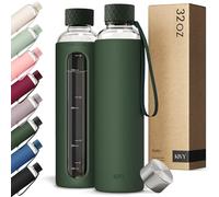 KIVY Glass Water Bottle with Silicone Sleeve 32 oz [WITH MEASUREMENT] - Borosilicate Glass Water Bottle Screw Top - Clear Bottles with Measurement Marking - Slim Waterbottle Aesthetic - Dark Green