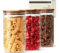 KIVY Riffel Airtight Storage Jars with Lid, 3 x 1200 ml, Glass Storage Jars with Lid, Glass Container with Lid, Cereal Storage, Kitchen, Storage Jar with Wooden Lid, Glass Storage Container