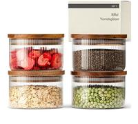 KIVY Riffel Storage Jars with Lids - 4 x 350 ml - Small Storage Jars with Acacia Lid - Glass Storage Jars with Lid