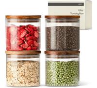 KIVY Riffel Storage Jars with Lids - 4 x 600 ml - Small Storage Jars with Acacia Lid - Glass Storage Jars with Lid - Storage Jars with Lid - Storage Jars with Lid