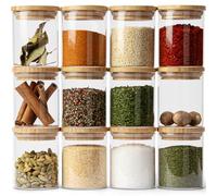 KIVY® Rustic Modern Spice Jars Set [12 x 150 ml] - Stackable Glass Spice Jars - Spice Container Set Round - Spice Storage - Small - 8.5 cm (Diameter) x 6.5 cm (Height)