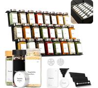 KIVY Spice Jars with Spice Rack (Bambo Lid (Glasses + Shelf)) - Adjustable Width - Spice Organiser Drawer