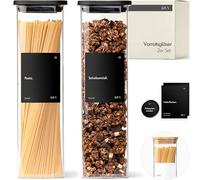 KIVY Square Storage Jars [2 x 1800 ml] + Labels - Stackable & Airtight Storage Jars with Lid - Pasta Jars with Lid - Spaghetti Storage Glass Large - Noodle Glasses