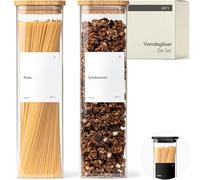 KIVY Square Storage Jars [2 x 1800 ml] + Labels - Stackable & Airtight Storage Jars with Lid - Pasta Jars with Lid - Spaghetti Storage Glass Large - Noodle Glasses