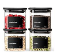 KIVY Square Storage Jars [4 x 400 ml] + Labels - Stackable & Airtight Storage Jars with Lid - Small Black Storage Jars - Square Storage Jars with Lid Airtight Glass