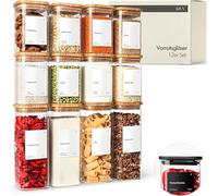 KIVY Square Storage Jars [Set of 12] + Labels - Stackable & Airtight Storage Jars with Lid - Storage Jars with Lid Airtight Glass - Square Storage Jars - Bamboo