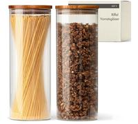 KIVY Storage Jars with Lid, Airtight, 2 x 1.8 L, for Spaghetti, Flour, Cereal Storage Glass, Pasta Jars with Lid, Spaghetti Storage Glass, Large, Noodle Jars with Acacia Lid